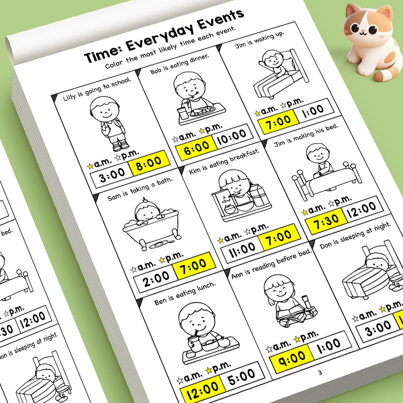 Kids Education Worksheet - Kids Telling Time Educational Workbook, Analog
